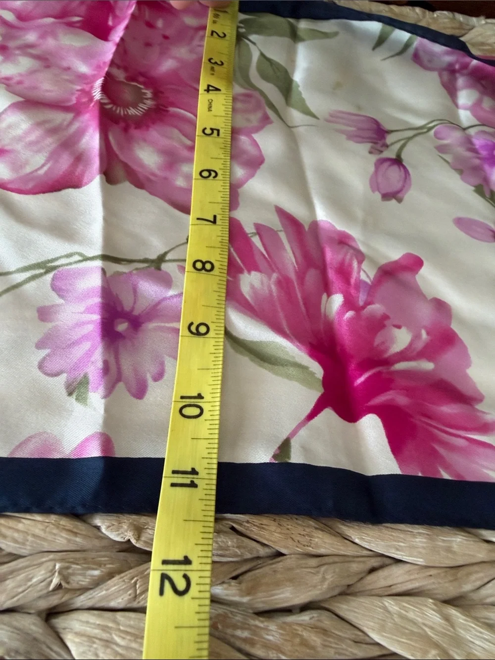 Oscar de la Renta Pink Floral Silk Scarf with Navy Trim
